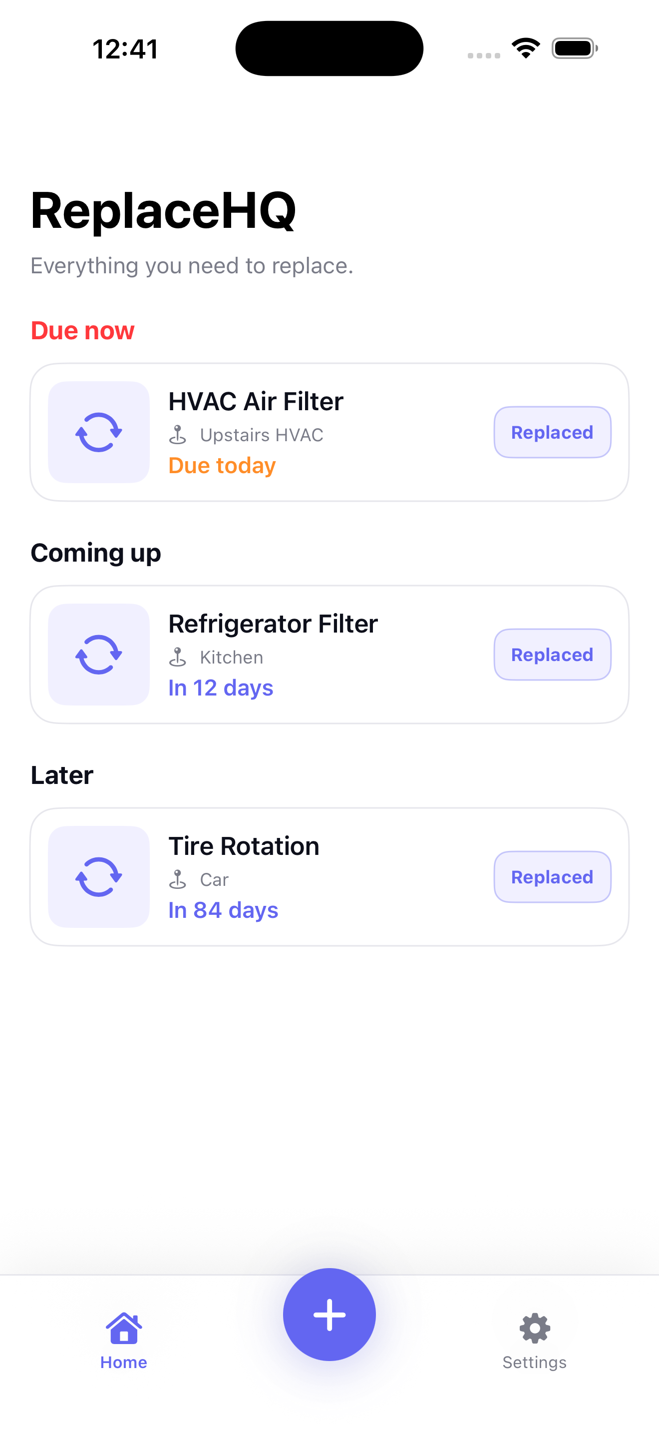 ReplaceHQ Home showing due now, coming up, and later replacement items with fictional demo data